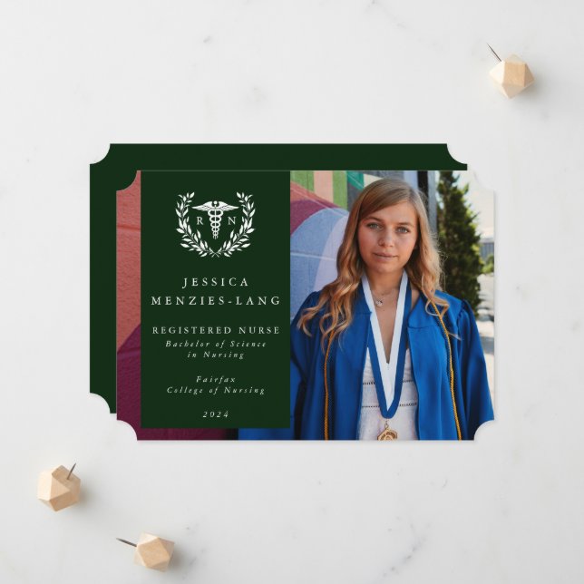 Dark Green + White Laurel Wreath Registered Nurse Announcement (Front/Back In Situ)