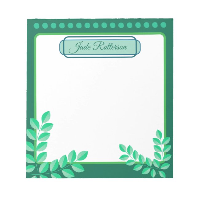 Dark Green & White Leafy Frame Cute Name Template  Notepad (Front)