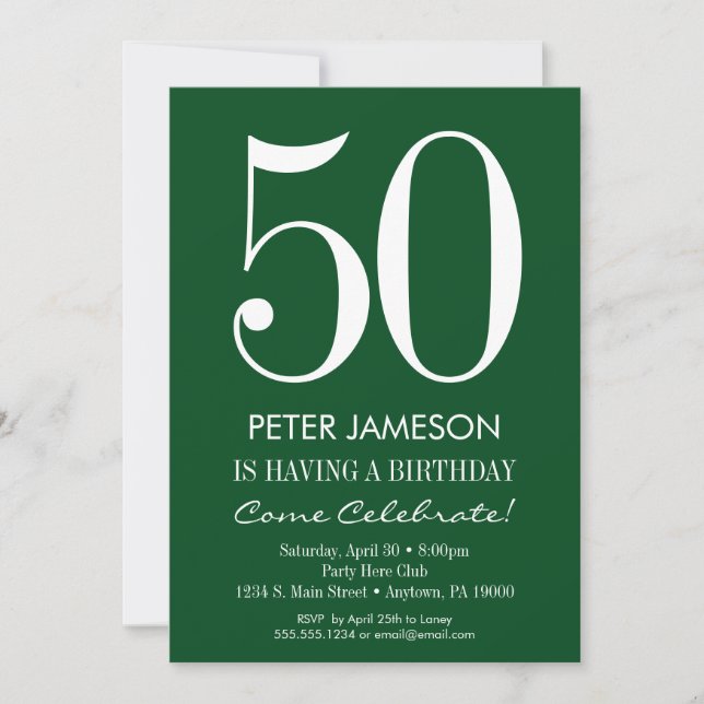 Dark Green White Modern Adult Birthday Invitations (Front)