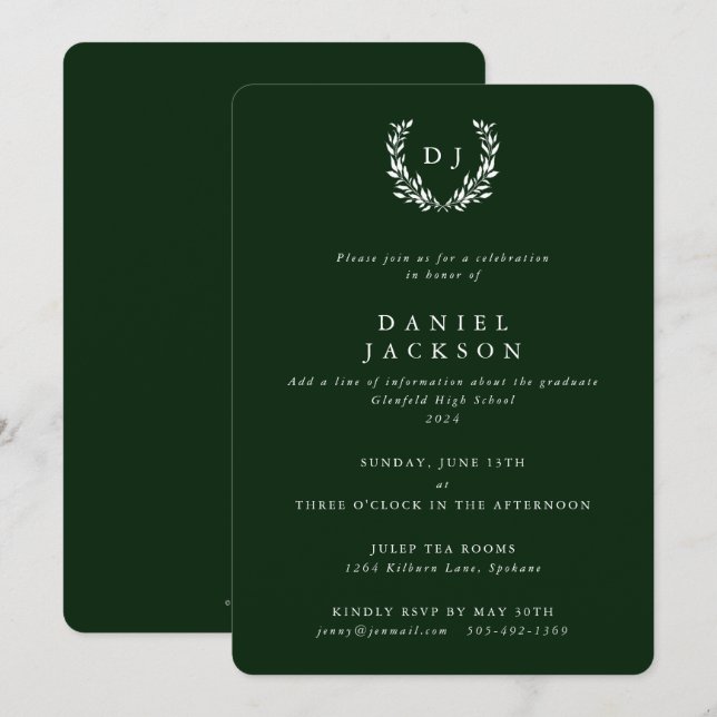 Dark Green/White Monogram Laurel Wreath Graduation Invitation (Front/Back)