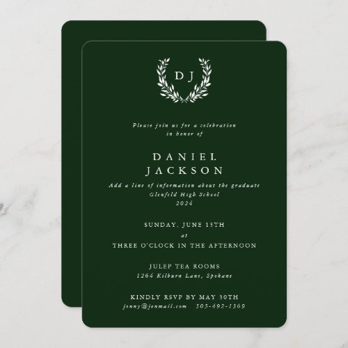 Dark GreenWhite Monogram Laurel Wreath Graduation Invitation