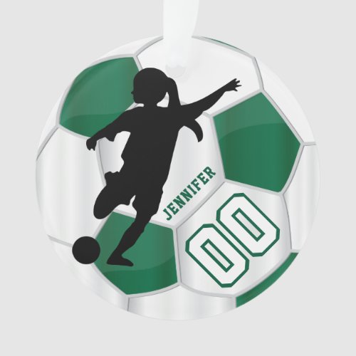 Dark Green  White Personalize Girl Soccer Player Ornament