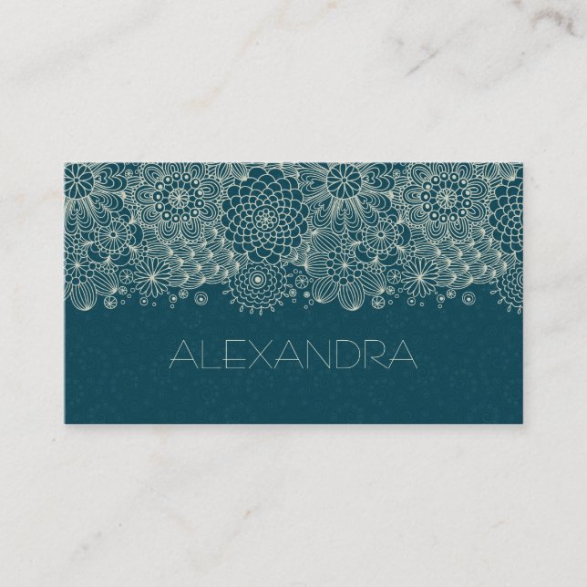 Dark Green & White Retro Floral Line Shading Business Card (Front)