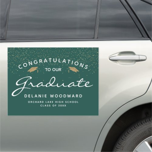 Dark Green White Script Gold Cap Graduation Car Magnet