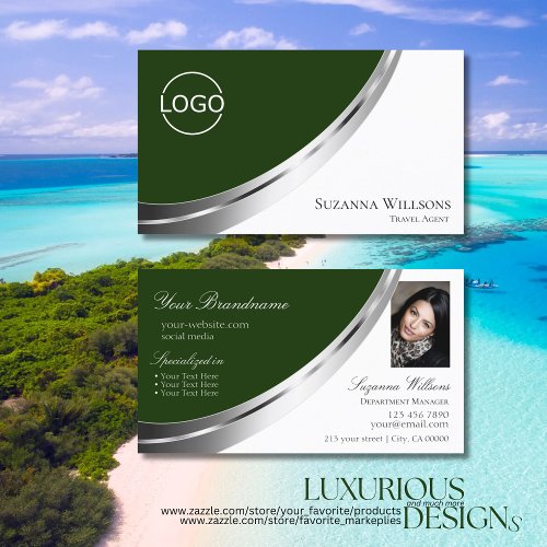 Dark Green White Silver Decor with Logo and Photo Business Card