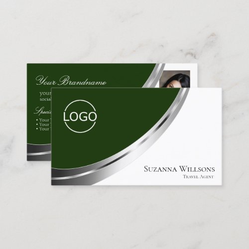 Dark Green White Silver Decor with Logo and Photo Business Card
