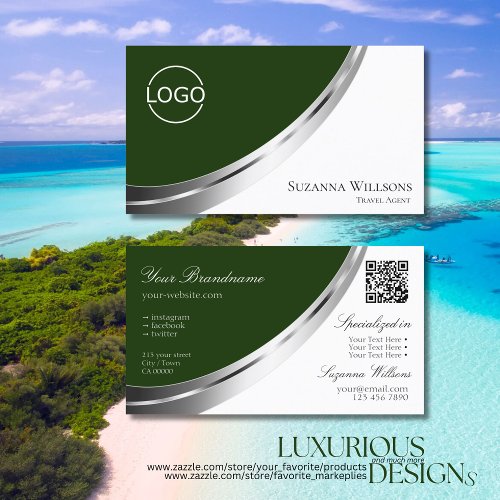 Dark Green White Silver Decor with Logo and QRCode Business Card