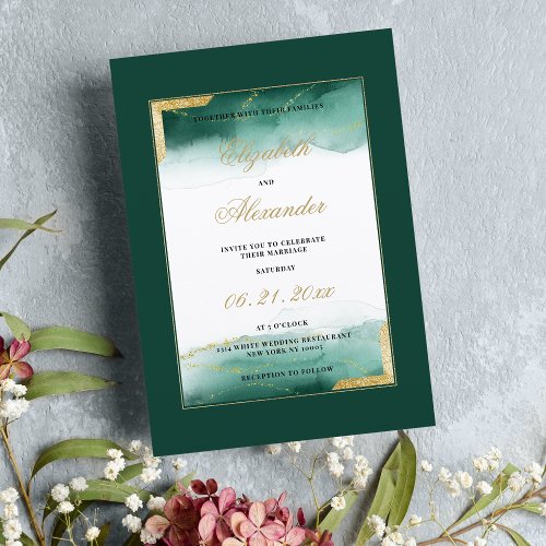 Dark green white watercolor gold glitter wedding  invitation