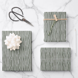 Dark Green & White Wonky Stripes Wrapping Paper Sheets