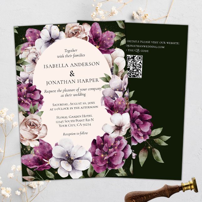 Dark Green Wine Purple Florals QR Code Wedding Invitation (Creator Uploaded)