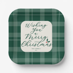 Dark Green Wishing You A Merry Christmas Plaid Paper Plates