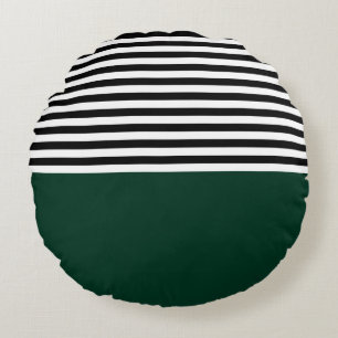 Dark Green With Black and White Stripes Round Pillow