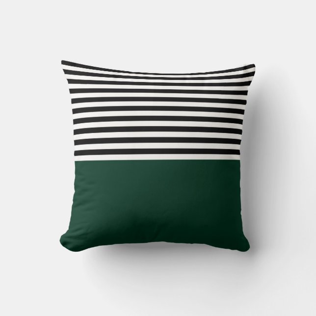 Dark Green With Black and White Stripes Throw Pillow (Front)