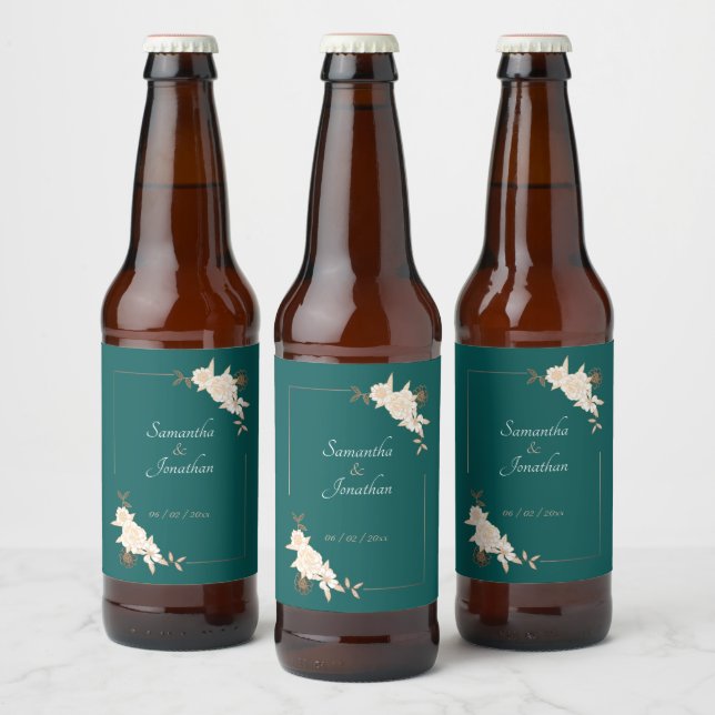Dark Green with Cream Roses Wedding Beer Bottle Label (Bottles)