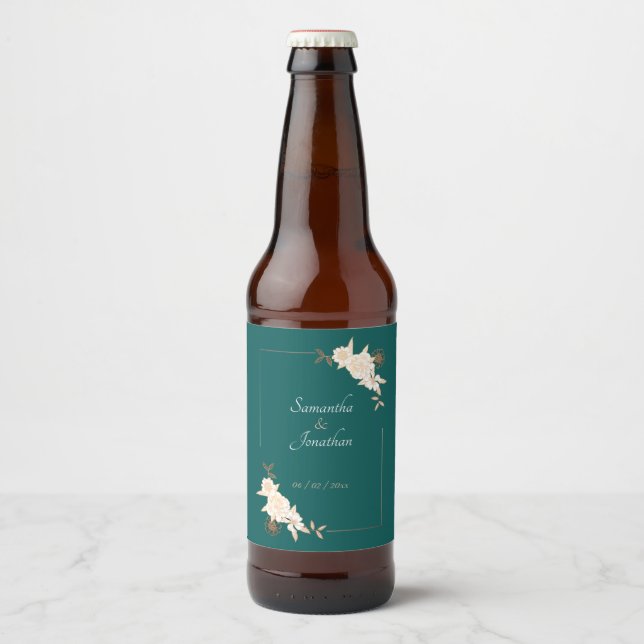 Dark Green with Cream Roses Wedding Beer Bottle Label (Front)