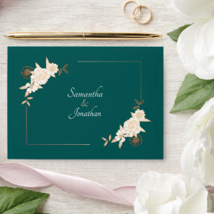 Dark Green with Cream Roses Wedding Envelope