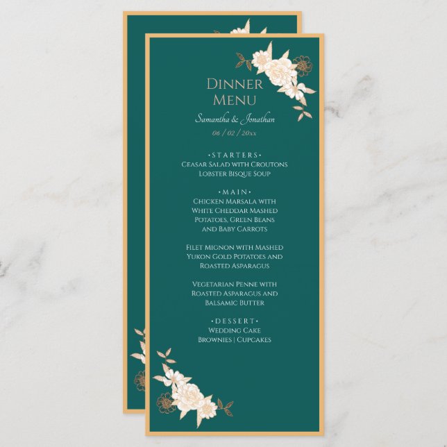 Dark Green with Cream Roses Wedding Menu (Front/Back)