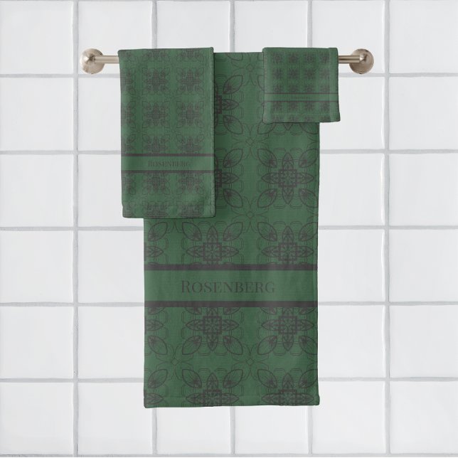 Dark Green with Geometric Floral Style Pattern Bath Towel Set (Creator Uploaded)