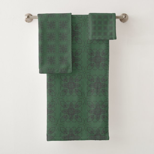 Dark Green with Geometric Floral Style Pattern Bath Towel Set (Insitu)