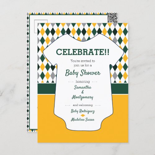 Dark Green  Yellow Argyle Pattern Baby Shower Postcard