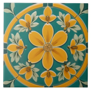 Dark Green & Yellow Flower Floral Mediterranean Ceramic Tile