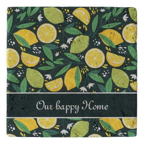 Dark green yellow lemon pattern custom text stone trivet