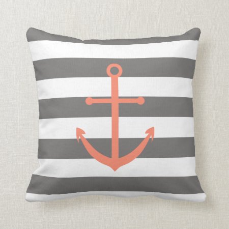 Dark Grey And Coral Anchor Pillow