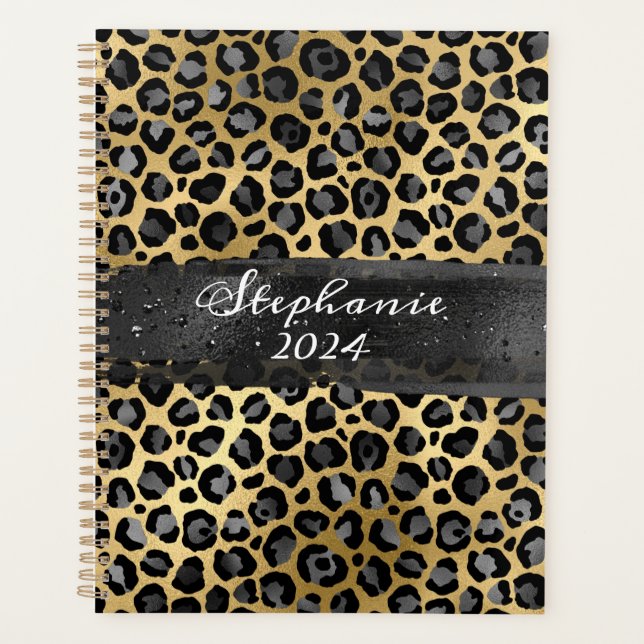 Dark Grey and Gold Foil Leopard Brush Stroke Planner (Front)