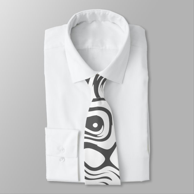 Dark Grey and White Abstract Swirly Pattern Neck Tie (Tied)