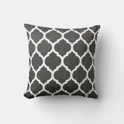 Dark Grey and White Classic Trellis Quatrefoil Throw Pillow