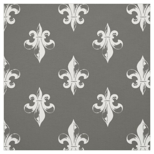 Dark Grey and White Fleur De Lis Pattern Fabric