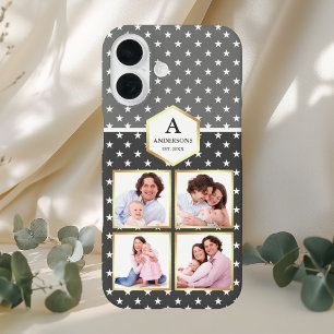Dark Grey and White Stars Pattern Photo Collage iPhone 16 Case