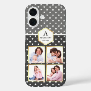 Dark Grey and White Stars Pattern Photo Collage iPhone 16 Case
