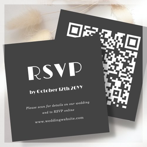 Dark Grey Art Deco  QR Code  Wedding RSVP Enclosure Card