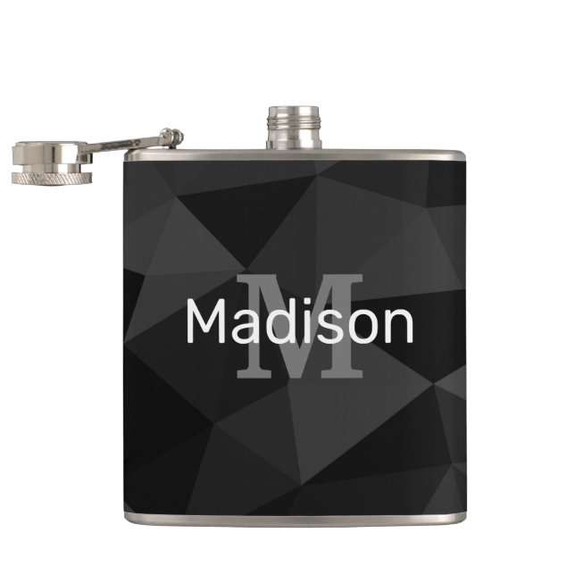 Dark grey black geometric mesh pattern Monogram Flask (Opened)