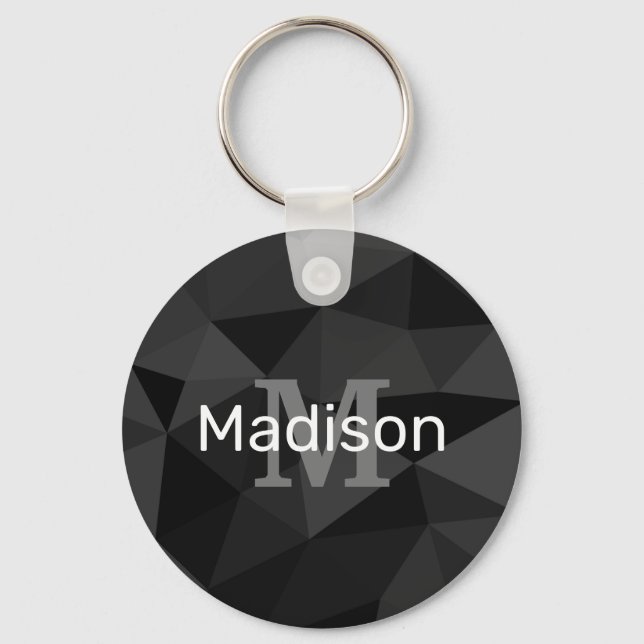 Dark grey black geometric mesh pattern Monogram Keychain (Front)