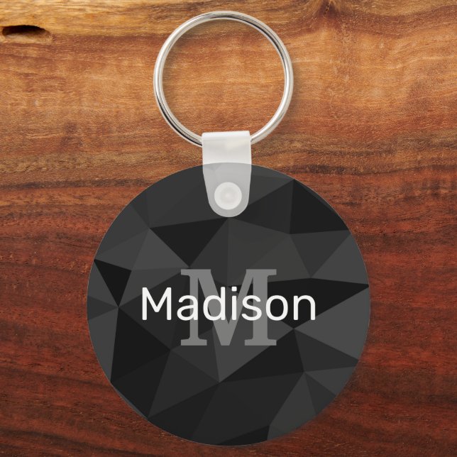 Dark grey black geometric mesh pattern Monogram Keychain (Front)