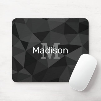 Dark grey black geometric mesh pattern Monogram Mouse Pad