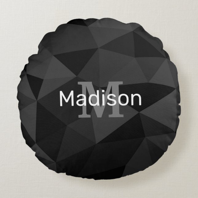 Dark grey black geometric mesh pattern Monogram Round Pillow (Front)