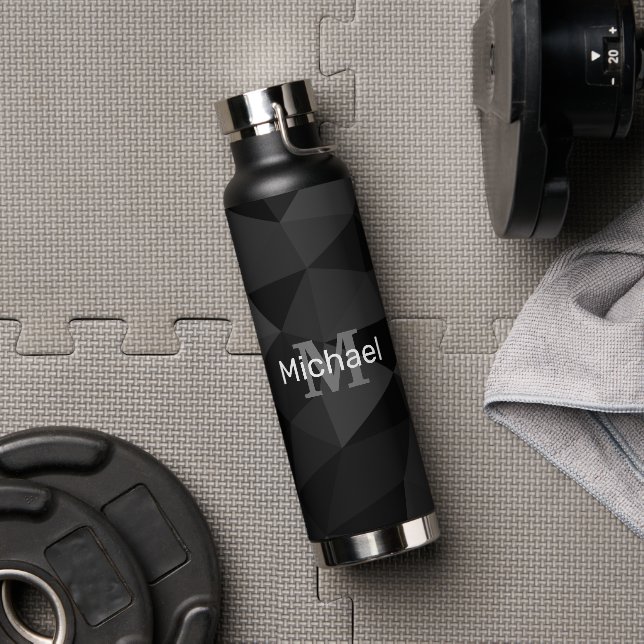 Dark grey black geometric mesh pattern Monogram Water Bottle (Gym)