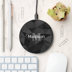 Dark grey black geometric mesh pattern Monogram Wireless Charger