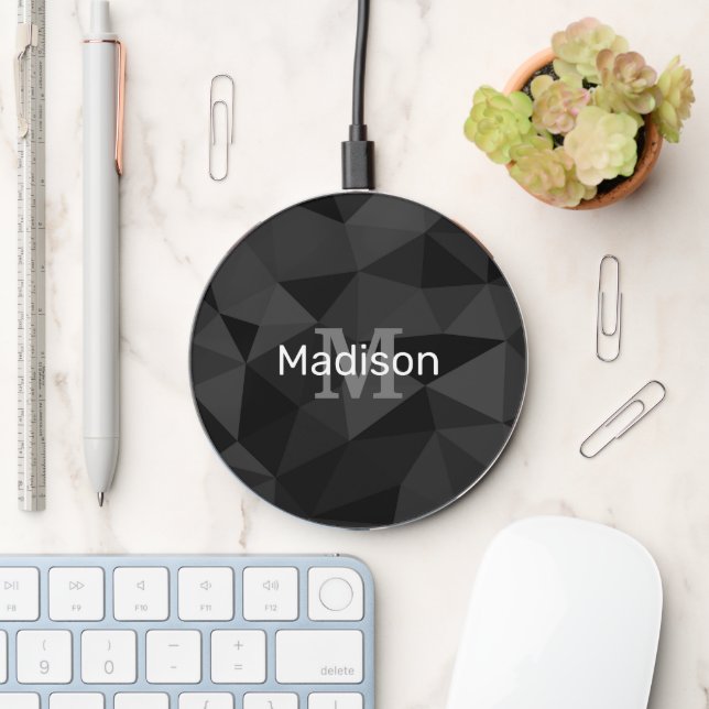 Dark grey black geometric mesh pattern Monogram Wireless Charger (Desk)