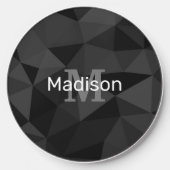Dark grey black geometric mesh pattern Monogram Wireless Charger (Front)