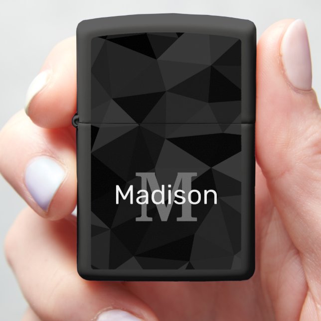 Dark grey black geometric mesh pattern Monogram Zippo Lighter (In Hand)