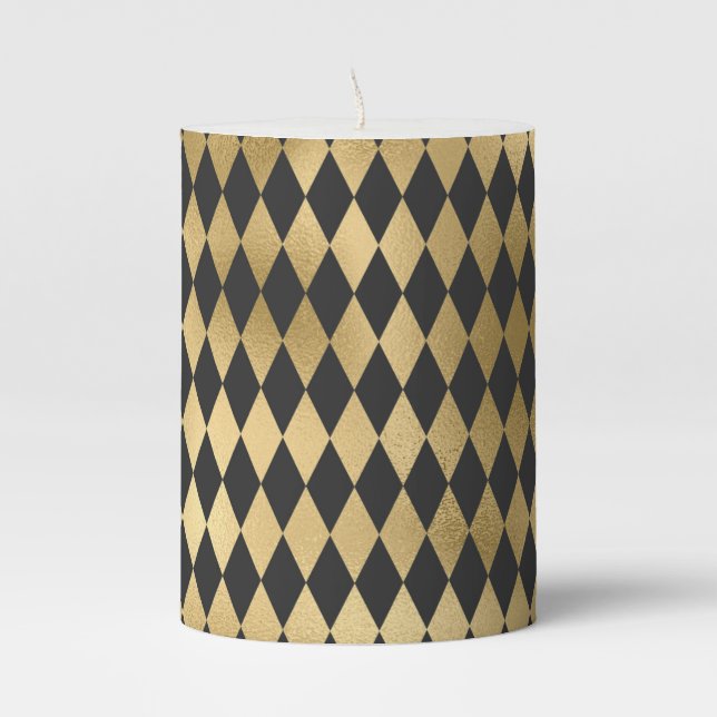 Dark Grey Black Harlequin Geometric Rhombuses Pillar Candle (Front)