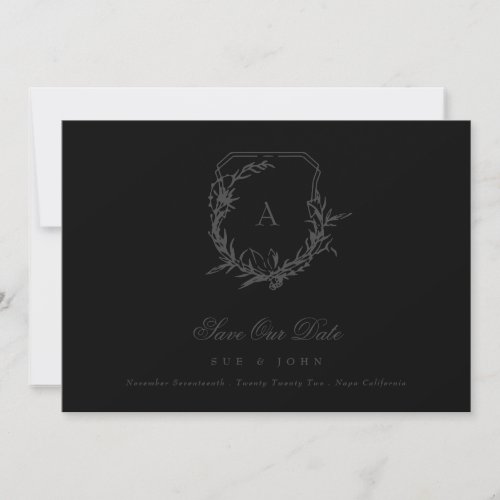 Dark Grey Black vintage monogram crest Wedding Save The Date
