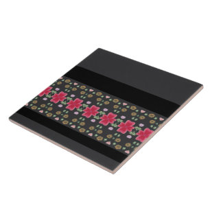 Dark Grey Black With Fuchsia Pink Floral Ceramic Tile