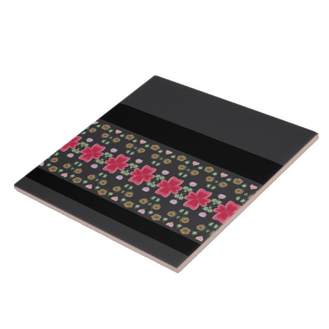 Dark Grey Black With Fuchsia Pink Floral Ceramic Tile (Side)