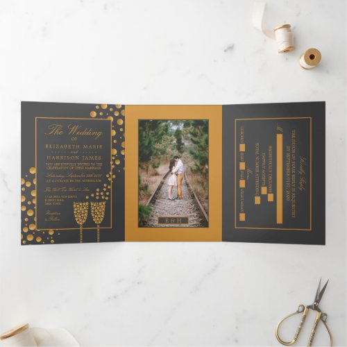 Dark Grey Champagne Bubbles Wedding Suite Tri_Fold Invitation