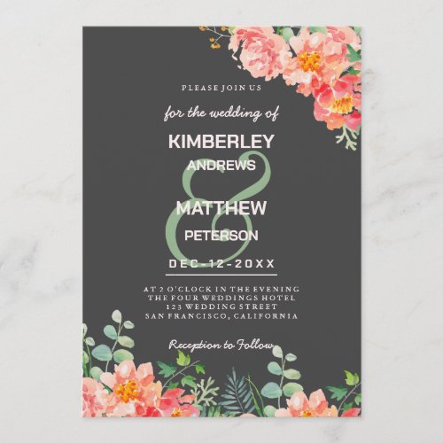 Dark grey coral pink watercolor botanical Wedding Invitation